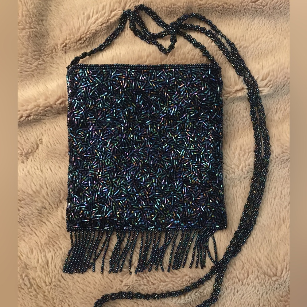 Navy blue beaded cross body evening bag